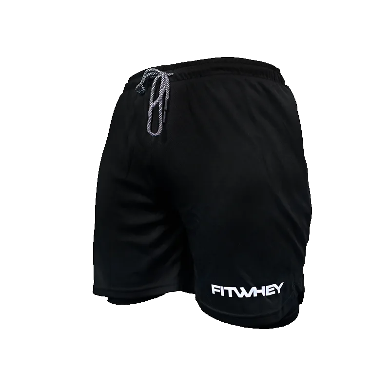 Gym Short with inner pant - Black with white text - Black inner pant - XL