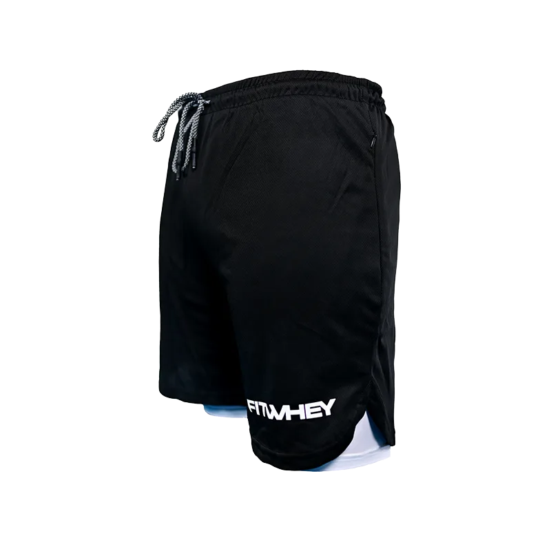 Gym Short with inner pant - Black with white text - White inner pant - XL